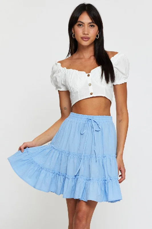 ivory midi skirt-Blue Elastic Waist Frill Hem Skater Skirt