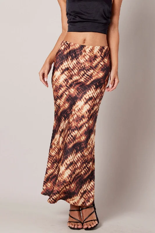 silk tiered skirt-Brown Abstract Slip Skirt Maxi Satin