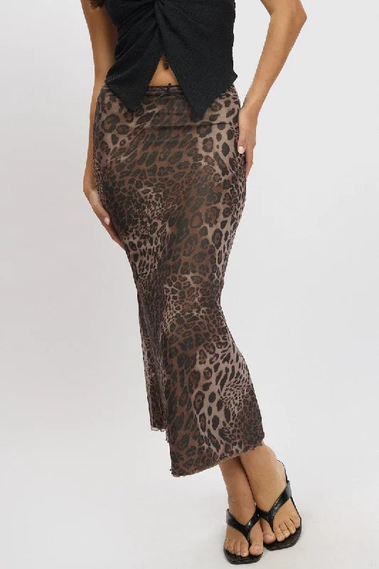 satin flared midi skirt-Brown Animal Print Mesh Skirt Elasticated Picot Trim Midaxi