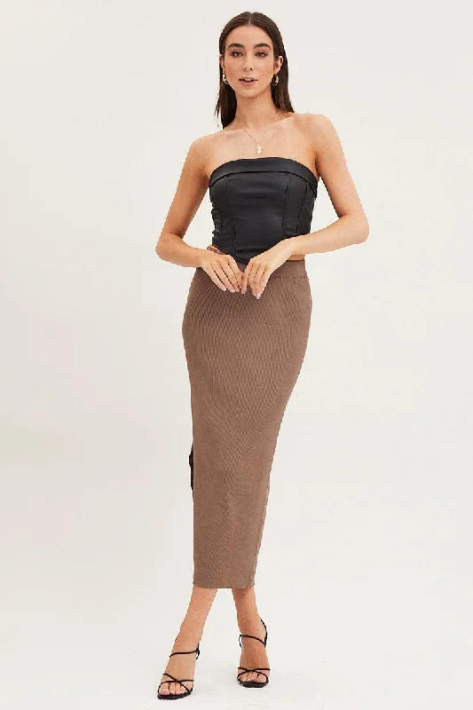 knit flared skirt-Brown Knit Skirt Midi High Rise