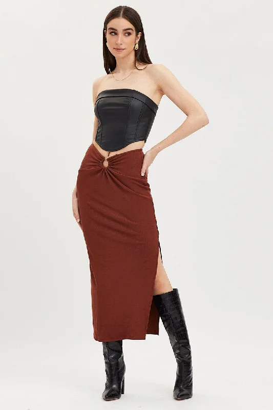 cinched waist skirt-Brown Maxi Skirt High Rise Ring Detial Rib Jersey