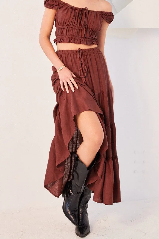 high slit skirt-Brown Maxi Skirt Tiered