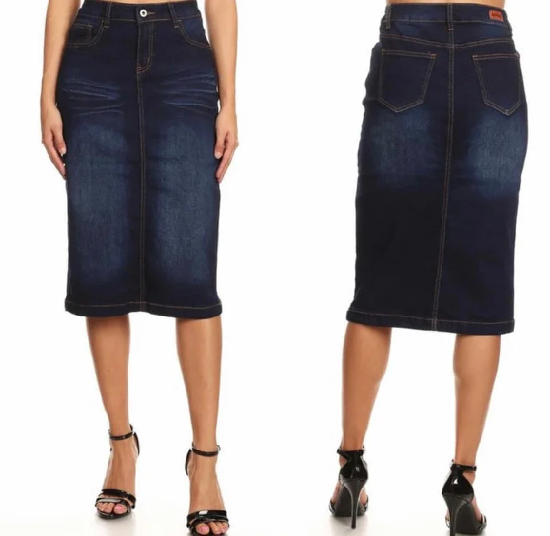 jet black flared skirt-Calf Length Dark Indigo Wash Denim Skirt 77239