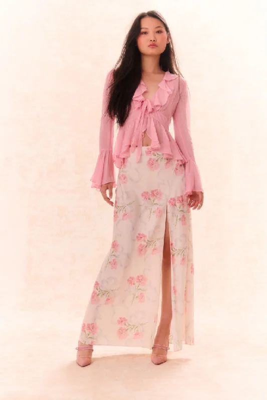 snap front flared skirt-Connie Silk Floral Maxi Skirt