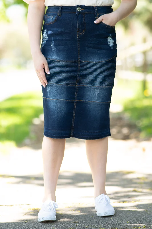 snow white midi skirt-Dakotah Distressed Moto Denim Skirt in Dk. Indigo