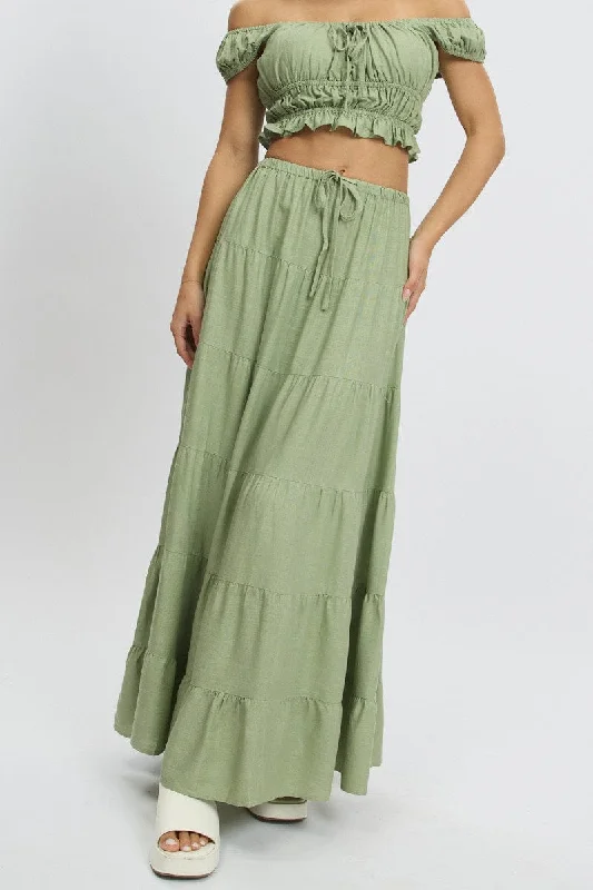 snow white flared skirt-Green Maxi Skirt Tiered High Rise