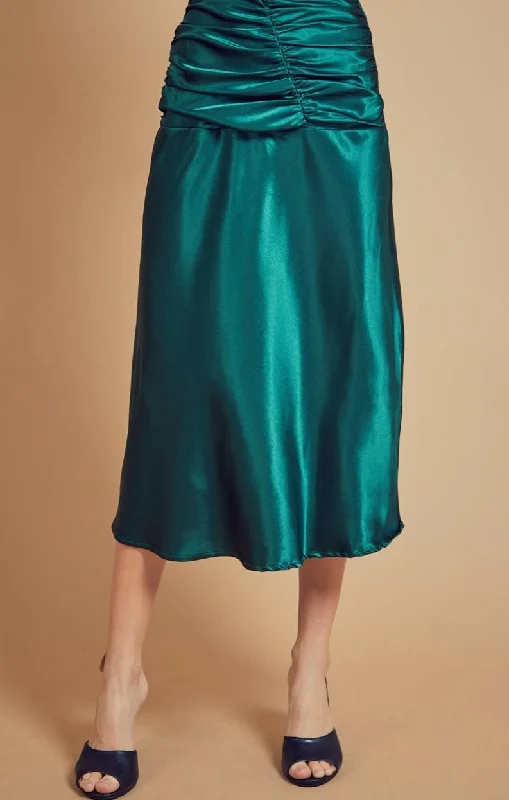 tropical flared midi skirt-Green Satin Midi Skirt