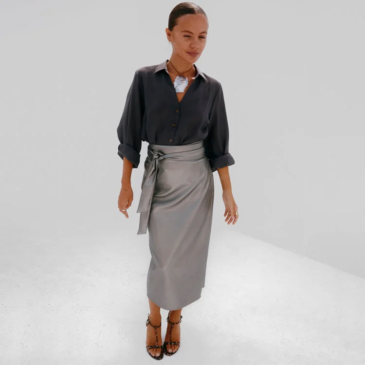 hand-embroidered maxi skirt-Gunmetal Vegan Leather Jaspre Skirt