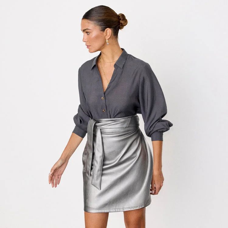 short slit skirt-Gunmetal Vegan Leather Mini Jaspre Skirt