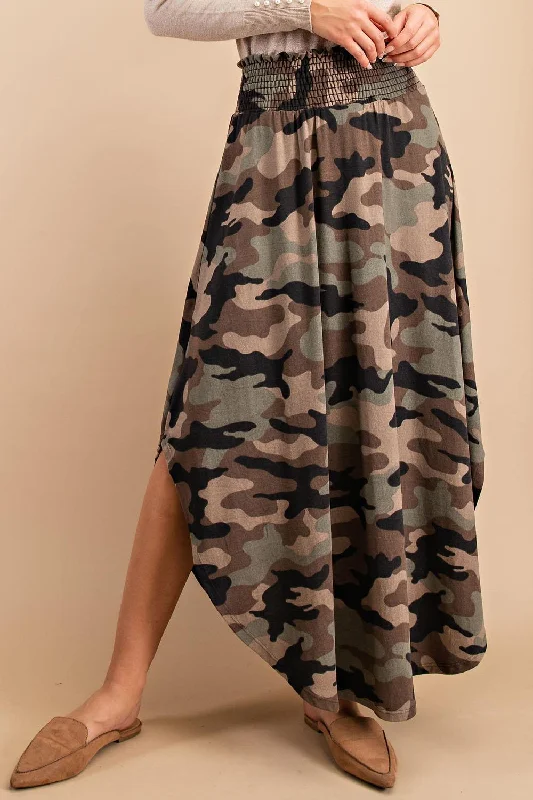 suede flared skirt-High-Rise Camouflage Swing Maxi Skirt