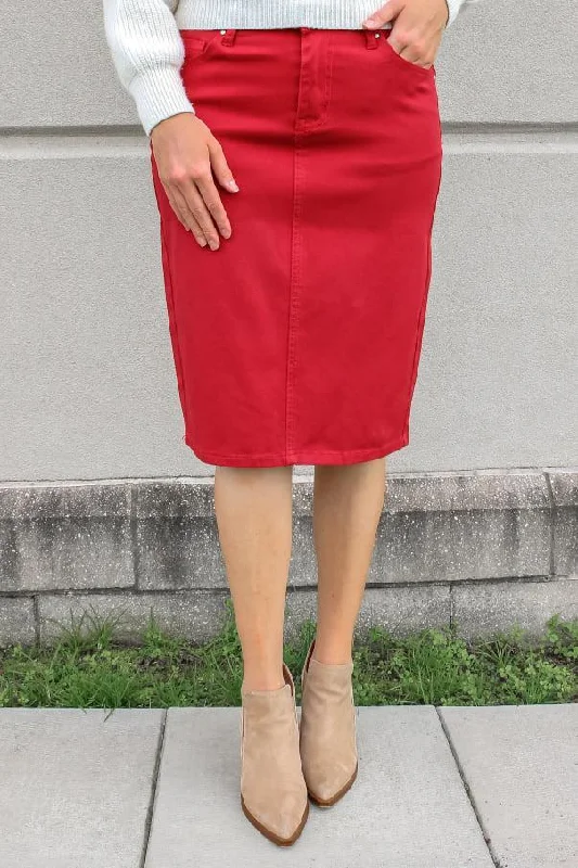 shimmering midi skirt-JDA Cherry Red Denim Skirt (FINAL SALE)