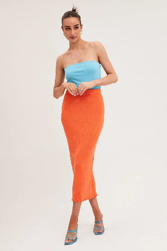 indigo pencil skirt-Orange Maxi Skirt Knit High Waist