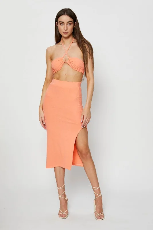 fringed midi skirt-Orange Ribbed Maxi Skirt