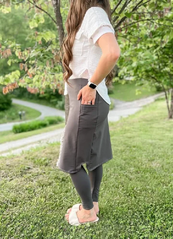 A-line pleated skirt-Size Small Charcoal Gray Pencil Style Side Pocket Athletic Skirt with Attached Leggings (Athlesiure Fabric)