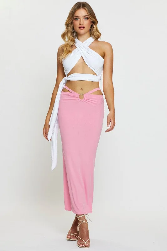 suede midi skirt-Pink Midi Skirt Rig Detailed Ribbed Jersey