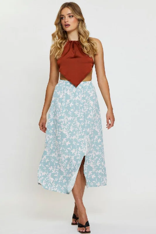 structured flared skirt-Print Midi Skirt Front Slit