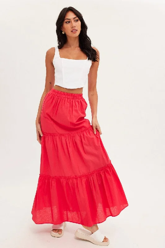 lilac flared skirt-Red Maxi Skirt Tiered