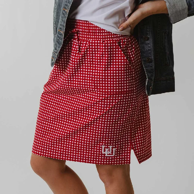 satin flared midi skirt-Utah Away Skirt, Red Gingham