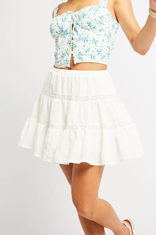 cinched flared midi skirt-White Skater Skirt Tiered High Rise Mini Lace Insert