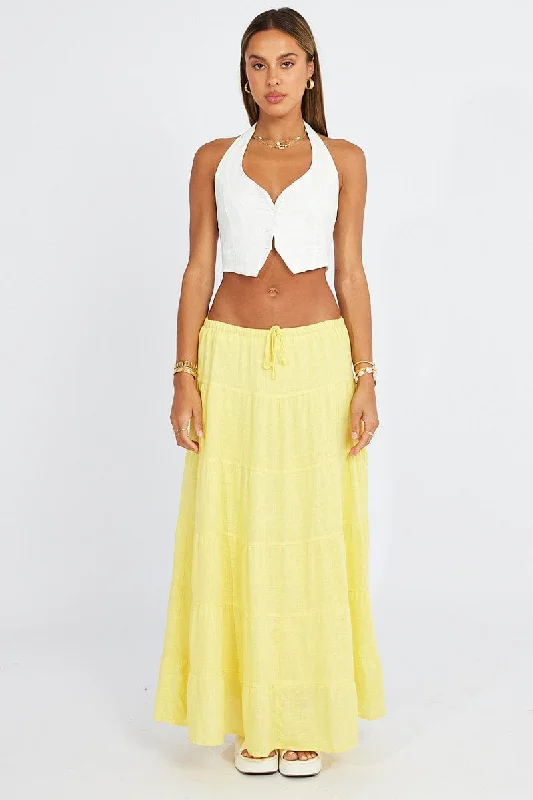 blush pleated skirt-Yellow Maxi Skirt Tiered High Rise Linen Blend